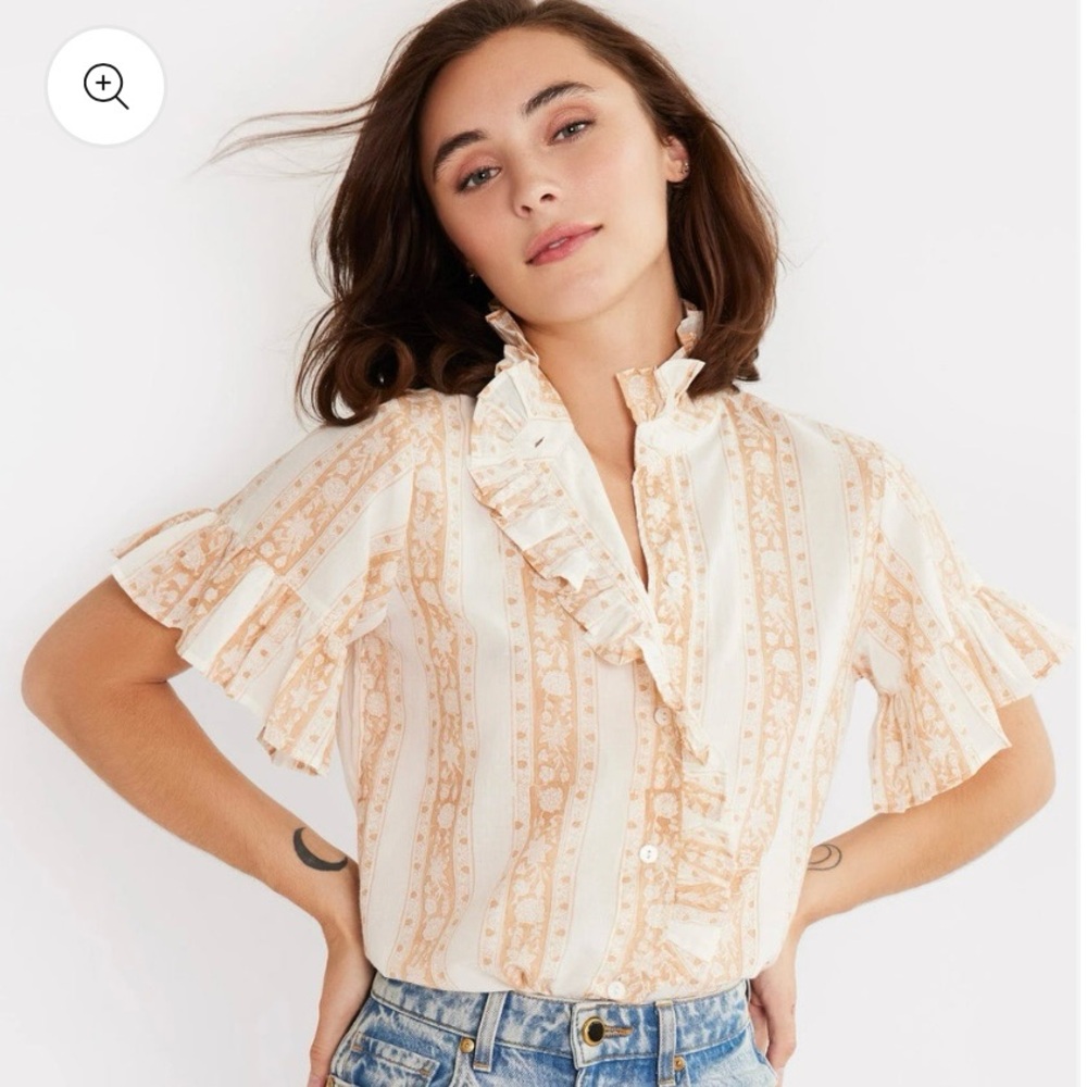 Mille Vanessa Ruffled Cream and Tan Blouse